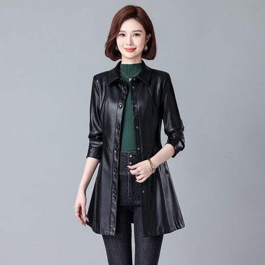 啄木鸟真皮皮衣女中长款2025秋季新款绵羊皮风衣女士修身显瘦外套 黑色【送】 2XL 适合120-130斤