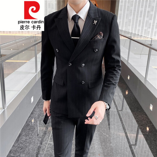 
Pierre cardin (pierre cardin) double-breasted suit men's suit slim and casual Korean-English style formal wear men's wedding large-size suit trend 9922 dark gray [suit + trousers] tie 2XL