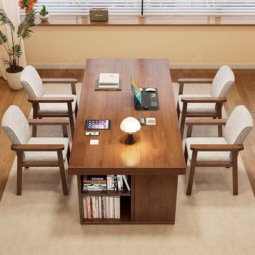 Huixun solid wood large board table living room long desk bookcase combination home dining table integrated workbench multi-person reading and study table walnut color #big board table 140cm*80cm*75cm desktop thickness 6.5cm