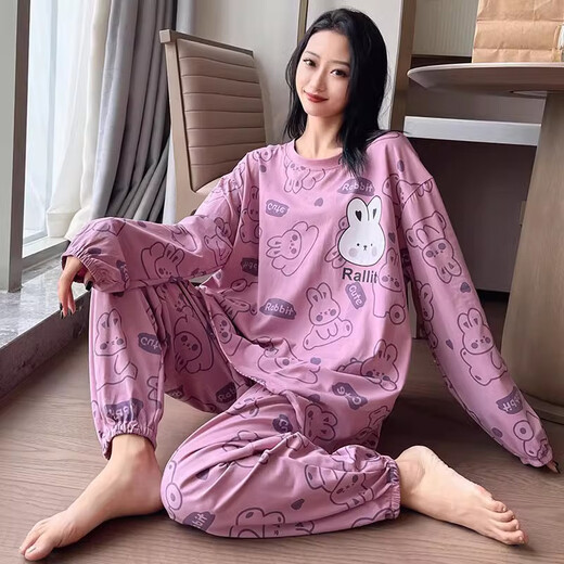 九红妃大码纯棉睡衣女200斤胖mm圆领卡通春秋长袖长裤两件套家居服秋季 6169灰色 4XL