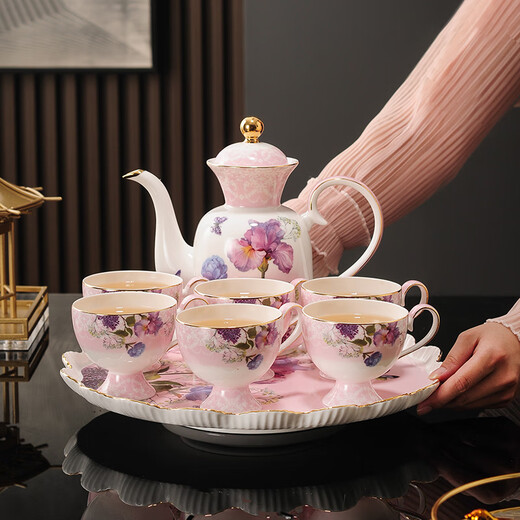 Yanze bone china rotatable water set tea set teapot teacup set opening housewarming gift light luxury high-end gift box bone china peony diffuser set-wooden gift box