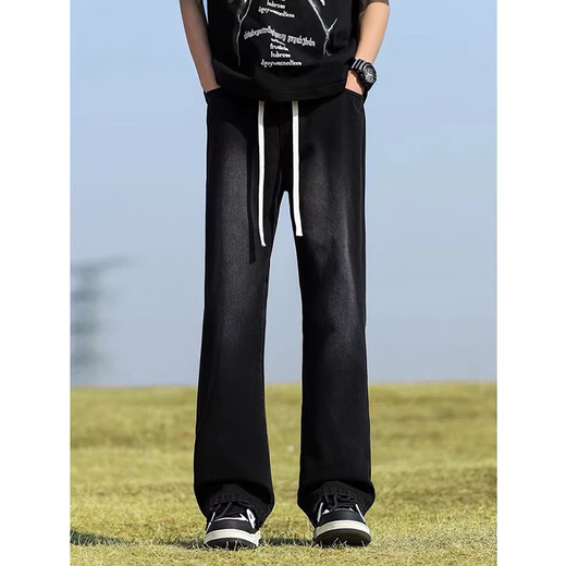 7 excellent products Men's bootcut jeans, autumn and winter style, American high street scimitar drawstring straight slim fit plus velvet long pants for men DFFS-629 Black L