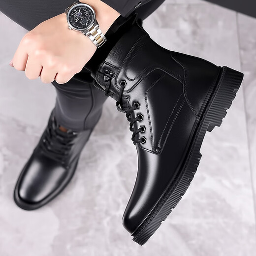 Winter 17 wool cold-proof boots outdoor military hook training boots 33 cruiser navy cotton shoes men's pure wool high-top warm cotton boots increase height 3519 black flat sole model 40