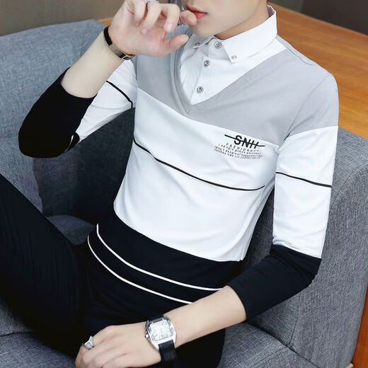 
Commander Bear lapel sweatshirt with velvet/no velvet spring and autumn collared long-sleeved T-shirt men's shirt collar fake two-piece base shirt youth velvet 6627 blue 11XL m recommended 90-110Jin [Jin equals 0.5 kg]