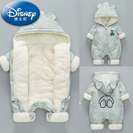 Disney (Disney) 2025 Newborn Baby Winter Clothes Plus Velvet Quilted Baby Onesies Going Out Thickened Cotton Clothes Romper Winter BB-Print Bear Green Winter Clothes 90cm 90 Sizes (19-24Jin Jin is equal to about 0.5 kg)
