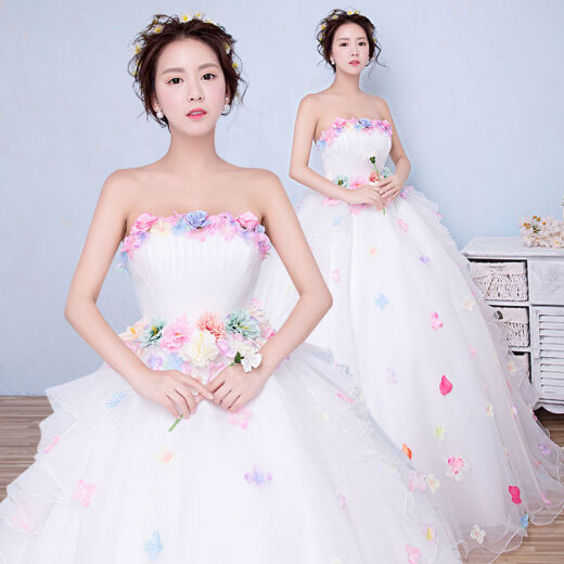 Tubeless wedding dress bride wedding 2020 spring new Korean floor-length wedding dress pregnant woman plus size bride wedding dress off-white (bustle gloves veil) S