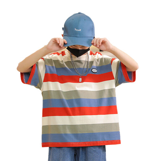 
McTicco boy striped short-sleeved cotton T-shirt 2025 new children's summer half-sleeved street loose big children's summer top 9895 stripes + 9742 white 120cm