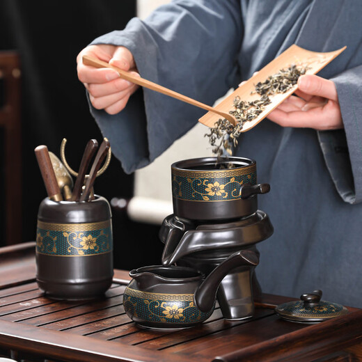 Craftsman's Lazy Tea Set Household Stone Mill Semi-automatic Tea Making Artifact Office Ceramic Anti-scalding Kung Fu Tea Set Complete Set Fragrant Automatic Tea Set + Black Square Tea Tray 10 Pieces