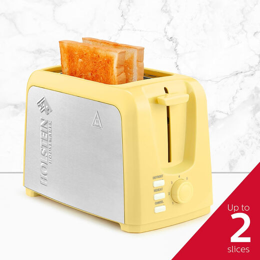 Holstein Housewares Yellow 2-Slice Toaster 7-stage toasting Extra-wide slots Removable crumb tray High lift Defrost function
