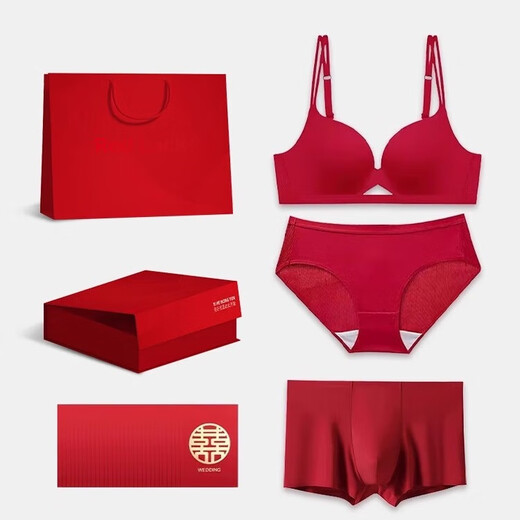 Miss Polly's red wedding underwear, bride and groom suit for a couple, a newlywed dowry for a sexy girl with small breasts, women's underwear set + men's underwear + gift bag one M (34/75ABC universal) men's underwear XL recommended 110-130Jin Jin equals 0.5kg