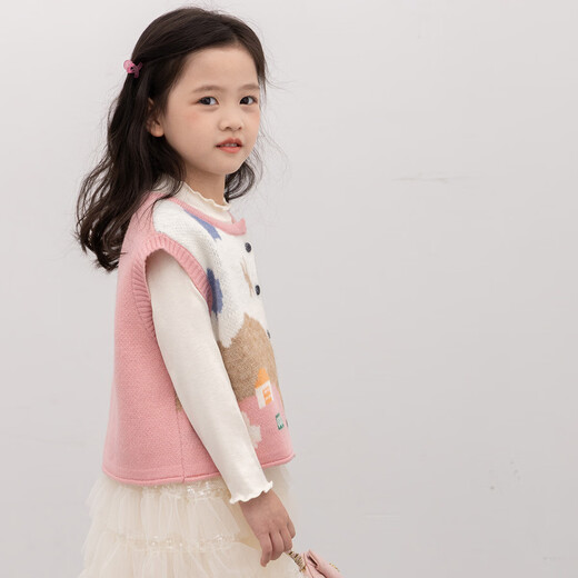 Tutu Little Elephant 2025 Autumn New Style Girls' Vests Children's Knitted Sweater Vests Sweet Jacquard Jackets Medium and Large Children's Clothing Tops Pink 130