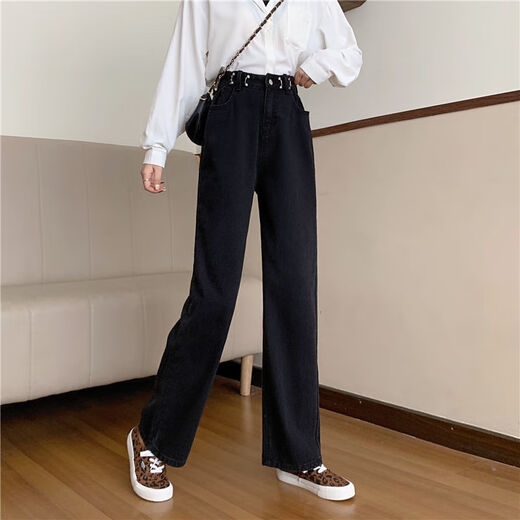 
Xilino 2025 Spring and Autumn Korean version of high-waisted black jeans for women Chc straight-leg students versatile slimming wide-leg pants light blue basic style 9928 M