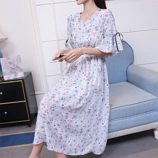 Summer new loose large size small fresh slimming mid-sleeve floral chiffon dress nursing skirt going out and wearing summer dress spring and autumn fashion blue (breastfeeding) L