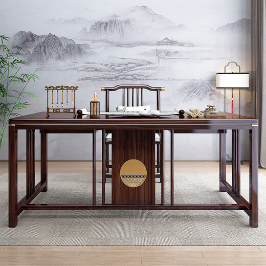 Dynasty Yijing New Chinese Style Walnut Solid Wood Desk Computer Desk Writing Desk Office Chair Combination Study Furniture Desk with Chair (Walnut) 1.4 Meters