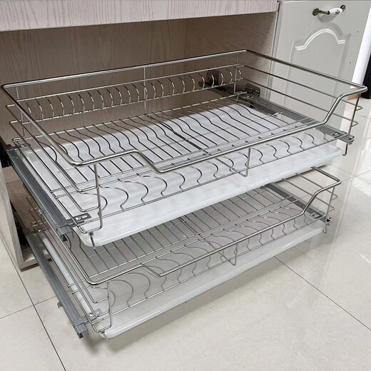 OVIO 304 Auszug Korb Edelstahl Feststoffdämpfung Puffer Schrank Ausziehen Korbschublade Schüssel Rack Doppelschicht Schüssel Schale Küche Schüssel Ausziehen Korb 1 Runde Stahl 720 Schrankkörper leer 665-695