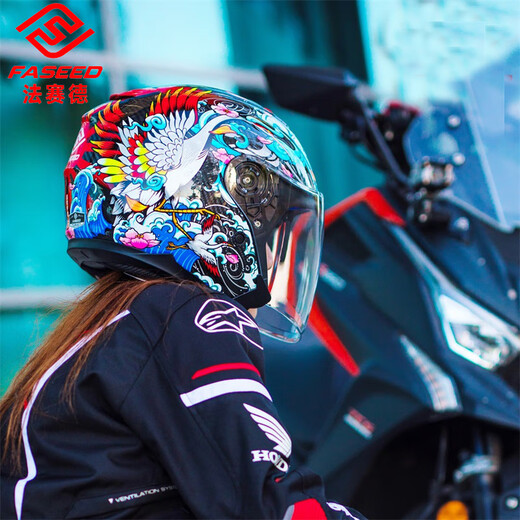 法赛德碳纤维半盔摩托车头盔男女双镜片四分之三盔机车四季736FASEED 亮光碳纤-仙鹤 L适合（57-58cm）