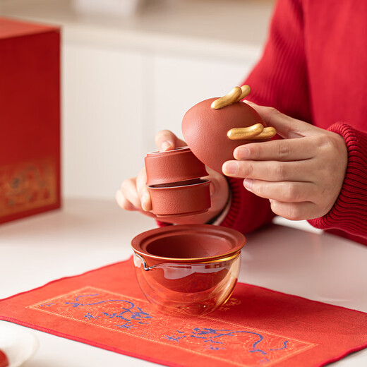 SUSHI CERAMICS Gold-painted Wanshi Xinglong Quick Cup Gift Box Convenient Travel Bag Tea Set