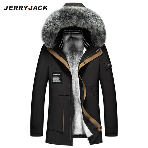 JERRYJACK men's parka with full mink fur lining and removable fur one-piece winter warm coat, fashionable men's coat, off-white + silver fox fur collar + white mink lining M/170
