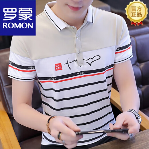 罗蒙（ROMON）夏季商务休闲男装短袖t恤翻领含棉条纹polo保罗衫T恤中青年大码 we7029条纹白色 M