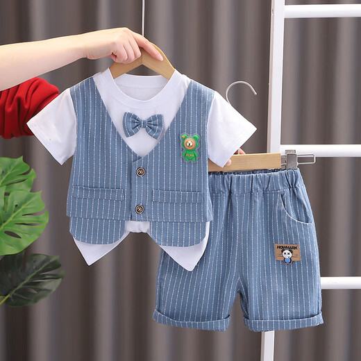 G.DUCKKIDS小黄鸭男童套装夏季薄款婴儿童衣服男孩帅气短袖衬衫宝宝周岁礼服 9224亮灯熊咖色 100 建议2-3岁25-30斤