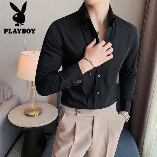 花花公子（PLAYBOY）法式带袖扣大V领长袖衬衫男士痞帅修身商务休闲宴会衬衣西装礼服 蓝色 M 建议105-128斤穿