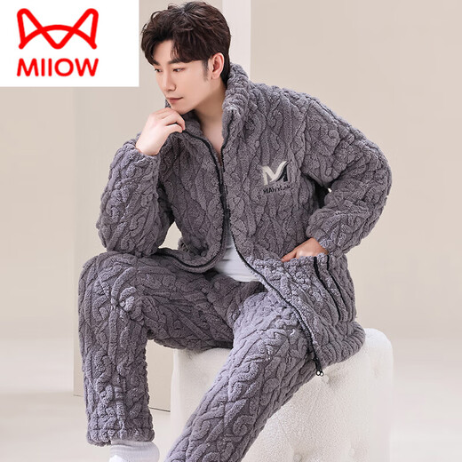 Catman (Miiow) Nouveau homme d'automne et hiver en coton à trois couches Coral Velvet plus velours épaissis de flanelle épaissis de la maison d'hiver Gris clair M6626 avec chapeau 3 couches x l [95-120jin [Jin est égal à 0,5 kg]] trois couches + épais