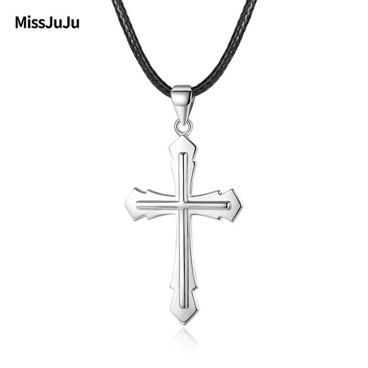 Miss JuJu men's platinum pendant trendy men's flame cross pt950 platinum pendant glossy car flower personalized pendant for women car flower version 8.9-9.1g+ with black leather rope