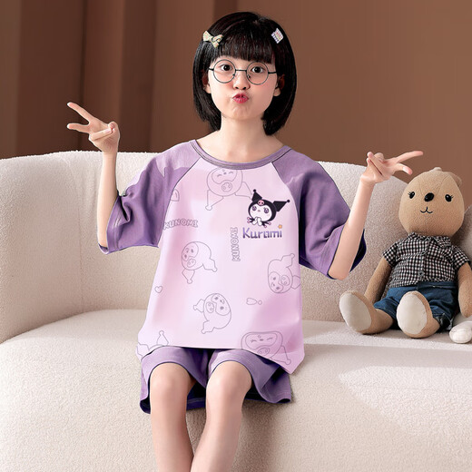 曼妮朵夏季儿童库洛米睡衣薄款卡通套装小女孩纯棉短袖女大童家居服全棉 M6636女【双短】 130cm 14码建议125-135cm