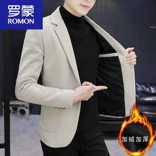 ROMON men's velvet thickened small suit tailored autumn and winter woolen coat Korean style casual set with suit gray L 170