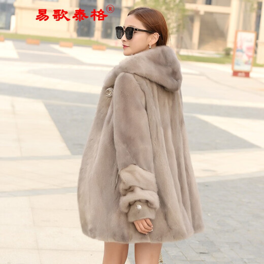 Yige Tiger Mink Coat Women's Whole Mink Fur Coat Mid-Length Female Mink Fur 2019 New Fashion Hooded Pineapple Sleeve Gray M
