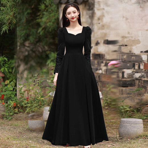 Li Baixin black evening dress annual meeting velvet light luxury niche high-end sense vocal music art test birthday banquet dress host black velvet long long sleeves M