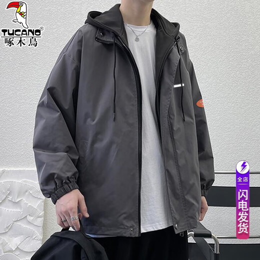 啄木鸟外套男春秋季潮流假两件连帽夹克男宽松休冲锋衣工装棉衣服保暖 黑色 XL (建议125-150斤)