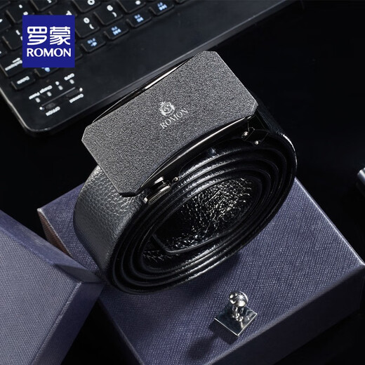 ROMON Men's Genuine Leather Belt New Business Casual Versatile Young and Middle-aged Automatic Snap Belt Black 120cm