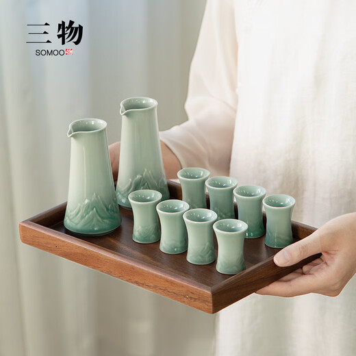 Sanwu Shanhai light luxury Chinese style wine dispenser set white wine cup small household one-cup ceramic wine set Father's Day gift Shanhai wine set_two pots and eight cups + tray