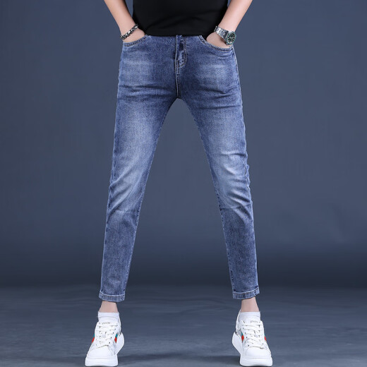 Kurentou Summer delgado azul jeans de nueve puntos hombres delgados pies 2023 Nuevos pantalones elásticos pantalones de 9 puntos Men Q1049 gris nueve puntos 36 2 pies 8