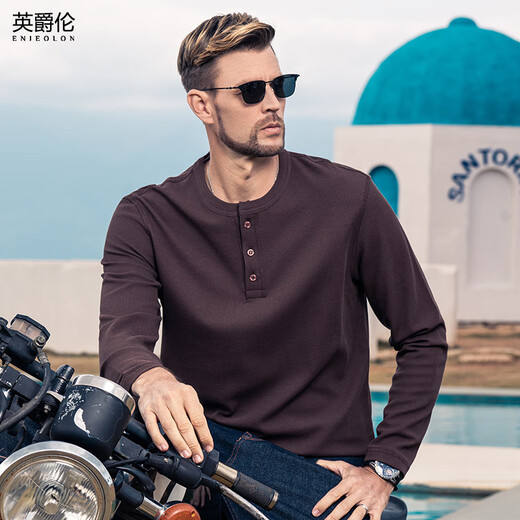 Enjeolon textured henley collar modal cotton stretch bottoming shirt with long-sleeved T-shirt men's bottoming shirt black 185/108A(XXL)