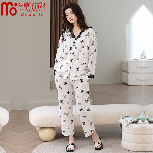 El cárdigan de algodón de manga larga de la nube de primavera y otoño de pijamas modales se puede usar en el exterior con un juego de ropa casera de alta gama estampada casual 722F14701 M Peso recomendado 80-100 Jin [Jin equivale a 0.5 kg]