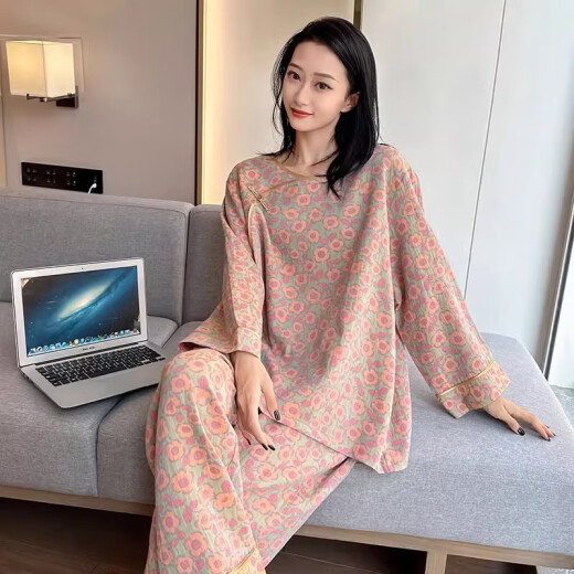 YIMENGTO伊门驼胖mm睡衣女春春大码复古中国风碎花棉纱家居服加肥加大200斤 yz16802 4XL  130-180斤
