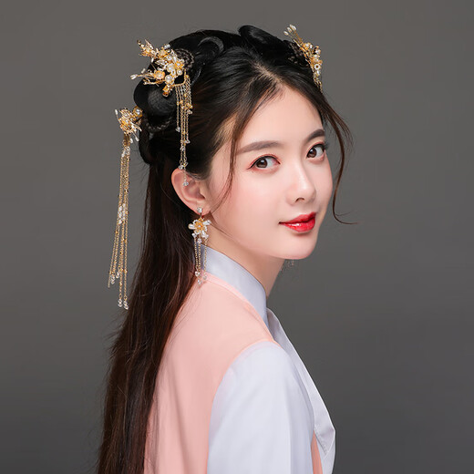 Hanfu headwear, ancient style hairpins, retro hair combs and hairpin sets, tassel steps, ancient costume rocking hairpins for bride, full set at special price (no pierced ears, ear clips)