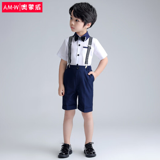 Ormondwei boys dress suit children's shirt overalls summer flower girl host suit kindergarten performance clothes 21109 white lining blue pants 110