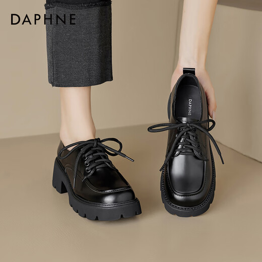 Daphne British Style Leather Chaussures pour femmes 2023 Automne Black Lace-Up Single Chaussures Japonais Retro Mood Black 38