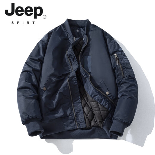 JEEP SPIRIT American bomber jacket men's winter cotton thickening baseball uniform spring and autumn casual thin flying cotton clothing black winter cotton clothing thickened XL 130~145Jin Jin equals 0.5 kg