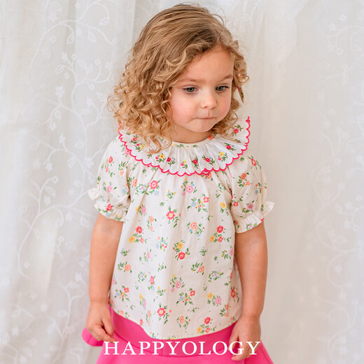 Happyology British children and girls short-sleeved floral shirt pure cotton bottoming baby girl loose shirt top colorful Newnham 98 (98cm)