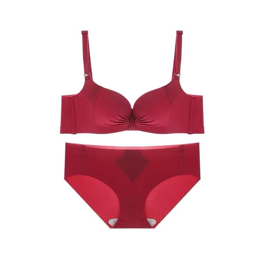 Modal Red Underwear Women's Small Breast Push Up Wedding Bride's Zodiac Year Women's Wireless Bra Set Sexy Bra Cover Burgundy (Thin 1cm) Underwear + Underwear 80B 80/36B