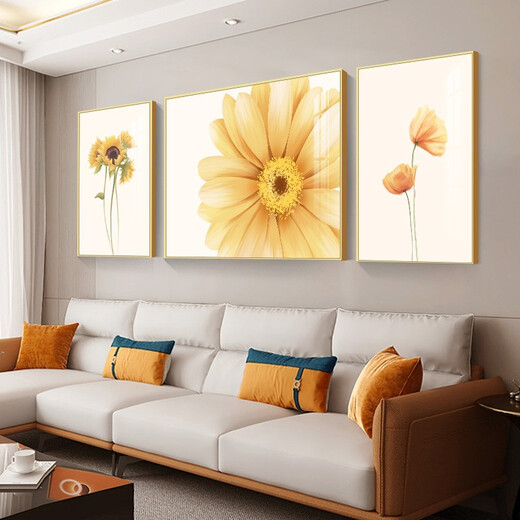 科芝北欧客厅装饰画简约现代向日葵沙发背景墙挂画三联画高端奢华大气壁画 科芝1484 中间80*60左右40*60cm水晶膜三联画黑边