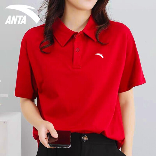 Anta kurzärmeligte T-Shirt für Frauen 2022 Sommer neuer loser atmungsaktives Lampen-Polo-Hemd Fitness leichte Eis Seide Schnelle Trocknen im Freien im Freien im Freien im Freien im Freien T-Shirt Casual Sportswear -4A14066 Klassiker Red S/160