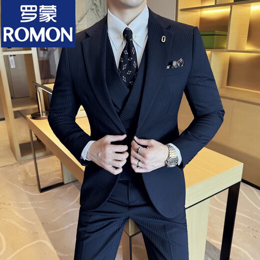 ROMON Striped Suit Men's Suit Business Casual Korean Style Slim Fashion Trend Versatile Groom Wedding Suit Brown/Single-piece Suit M