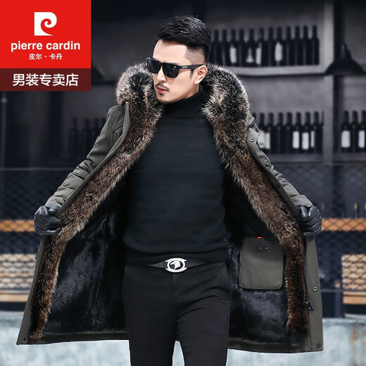 Pierre Cardin mink liner men's fur all-in-one genuine mink coat mid-length Haining whole mink removable fur coat mink liner fur sleeves military green outer cover XXL/180