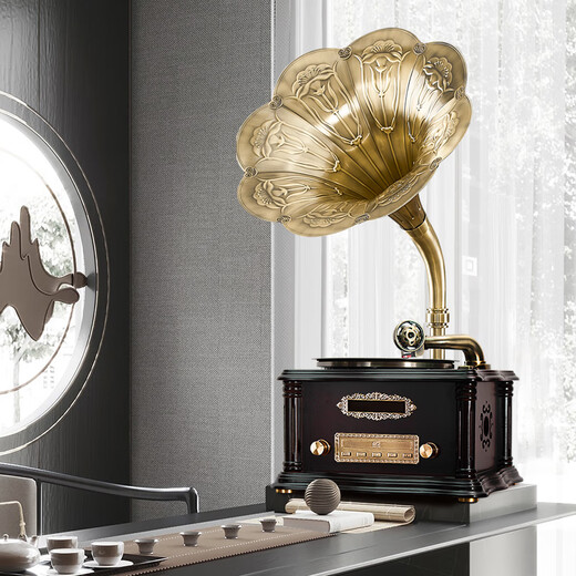 Heritage Family Retro Desktop Phonograph Living Room European Bluetooth Small Speaker Solid Wood Small Old-fashioned Antique Vinyl Record Player Mini Record Player 708 Ebony Copper Speaker + Package A