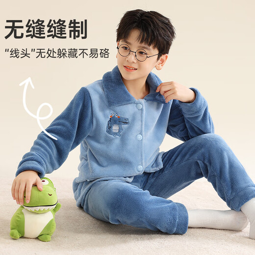Catman Children's Pajamas Boys Autumn and Winter Coral Fleece Thickened Flannel Boys Cartoon Home Clothes Set Blue 140